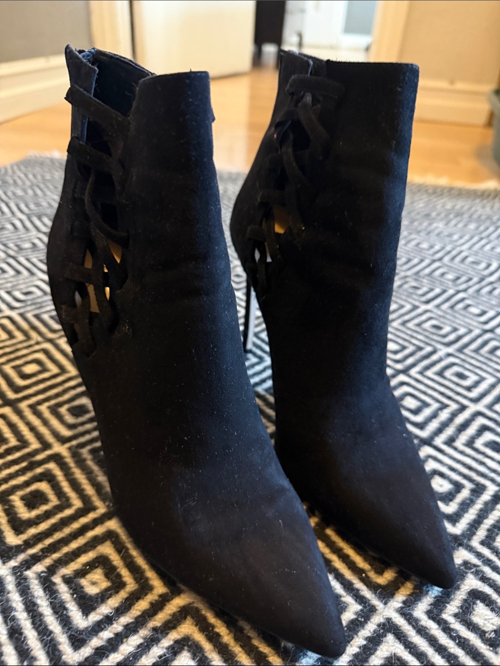 Aldo Black Suede Pointed-Toe Lace-Up Ankle Booties